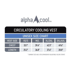 Circulatory Cooling Vest size chart by AlphaCool, showing chest and length measurements for unisex sizes XS/S to 3XL/4XL.