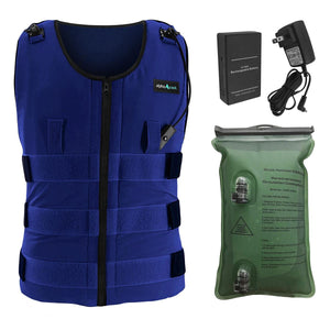 Blue circulatory cooling vest system by AlphaCool, shown with a battery, charger, and green ice water bladder.