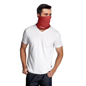 Rust red cooling neck gaiter by AlphaCool, with a white logo, worn by a man in a white v-neck t-shirt.