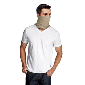 Tan cooling neck gaiter by AlphaCool, worn by a man in a white t-shirt, covering his neck and lower face.
