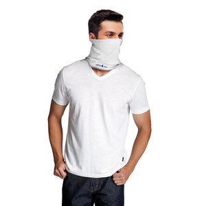 White cooling neck gaiter by AlphaCool with visible alpha cool logo, worn by a man in a white v-neck t-shirt.