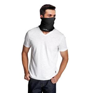 Black Cooling Neck Gaiter by AlphaCool, worn by a man in a white V-neck shirt, showing the brand logo.