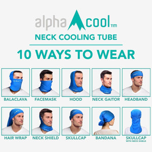 Blue cooling neck gaiter by AlphaCool, shown in 10 different ways including facemask, hood, and headband styles.