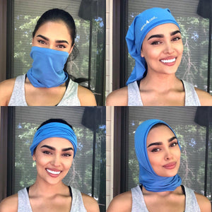 Blue cooling neck gaiter by AlphaCool, worn in four versatile styles as a face mask, headband, and head wrap.