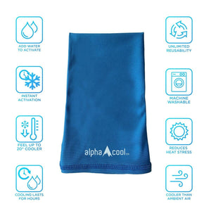 Blue Cooling Neck Gaiter by AlphaCool, laid flat, displaying its logo.