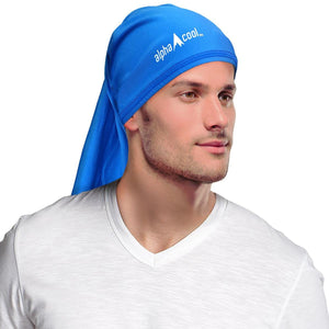 Blue cooling neck gaiter by AlphaCool, worn by a man, featuring a white alpha cool logo and a white V-neck shirt.
