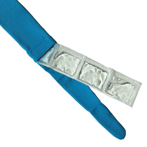 Blue fabric neck cooling wrap by AlphaCool with an open pocket revealing multiple individual clear ice packs.