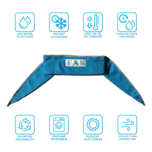 Blue neck cooling wrap by AlphaCool, laid flat with a logo tag, surrounded by 8 feature icons describing its benefits.