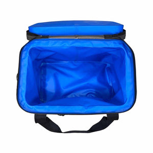 Blue soft-sided cooler by AO Coolers with an open lid showing the waterproof interior and black straps.