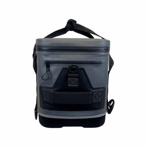 Gray and black 24-can soft cooler by AO Coolers, with a front pocket, carabiner, and top handle.