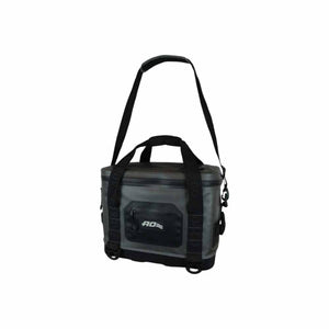 Dark gray and black soft cooler by AO Coolers, with a top handle, shoulder strap, and a front zippered pocket displaying the AO logo.