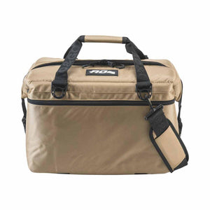 Tan 24-pack soft cooler by AO Coolers with black top handle and removable shoulder strap, front view.