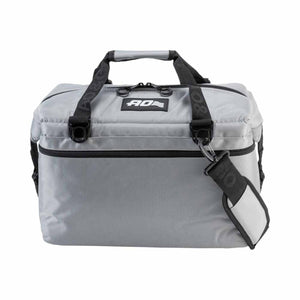 Gray 24-pack soft cooler by AO Coolers, featuring black straps, a top handle, side shoulder strap, and front logo.