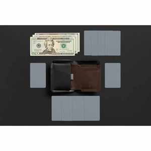 Black and brown leather wallet by Bellroy, open with card slots, surrounded by two twenty-dollar bills and seven gray cards on a dark surface.