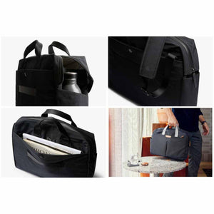 Black work bag by Bellroy with multiple organized compartments, shown in a four-part collage.