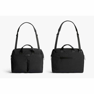 Black Tokyo work bag by Bellroy, displayed in front and back views, featuring shoulder strap, top handles, and external pockets.