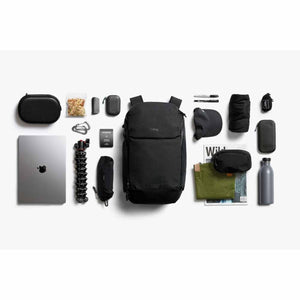 Black 20L Venture Ready Pack by Bellroy, displayed flat lay with various everyday carry items.