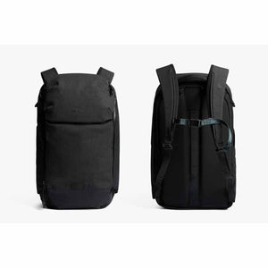 Black backpack by Bellroy shown in front view with logo and back view with padded straps and green sternum strap.