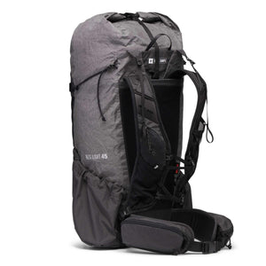 Gray grid-patterned backpack by Black Diamond, with "BETA LIGHT 45" text, a roll-top, and padded hip belt, angled side view.