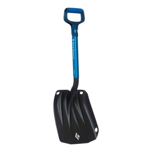 Ultra blue and black shovel by Black Diamond with a D-grip handle and rippled blade featuring a white logo.