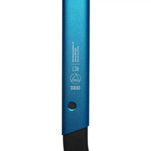 Ultra Blue shovel handle by Black Diamond, featuring engraved address details, UIAA logo, serial number SS0183, and a small black hole.