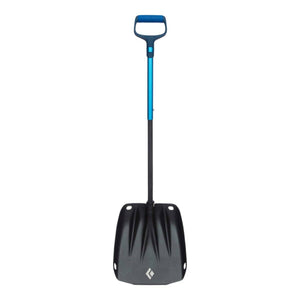 Ultra blue and black shovel by Black Diamond with a D-grip handle, wide blade with cutouts, and white logo.