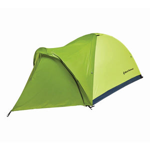Green vestibule by Black Diamond, a lightweight tent extension with dark blue base trim, side view.