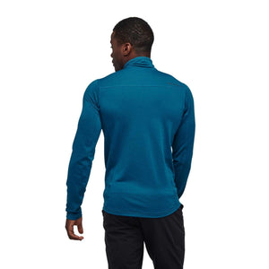 Men's teal quarter-zip pullover by Black Diamond, with textured fabric and subtle logo on the upper back, seen from behind.