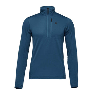 Blue men's quarter zip pullover by Black Diamond with a ribbed high collar, subtle textured fabric, a small chest zip pocket, and black logo.