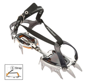 Silver Serac Strap Crampons by Black Diamond, with black adjustable straps and an S Strap diagram.
