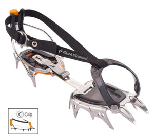 Silver strap crampons by Black Diamond with black webbing, orange accents, and an attachment diagram.