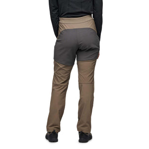 Brown and gray Women's Alpine Hybrid Pant by Black Diamond, seen from the back with reinforced dark gray panels.