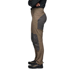 Brown and dark grey Women's Alpine Hybrid Pant by Black Diamond, side view, with a zippered thigh pocket and reinforced panels.