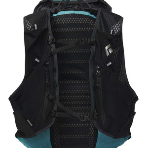 Black women's vest backpack by Black Diamond, featuring a breathable mesh back panel, teal lining, multiple zippered chest pockets, and a logo.