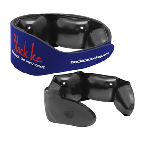 Blue fabric personal cooling collar system by Black Ice, displaying its logo, with two black cooling packs, one showing a velcro closure.