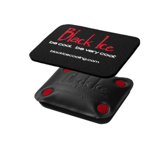 Black hand-held cool therapy system by Black Ice, featuring a pad with red text above a soft pouch with red dots.