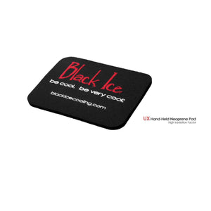 Black hand-held neoprene pad by Black Ice, with red script "Black Ice" logo, white "be cool. be very cool." text, and "blackicecooling.com" website address.
