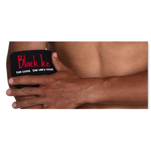 Black Hand Held Cool Therapy System from Black Ice, held on a bicep with red and white text.