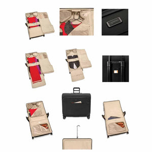 Black Deluxe Wardrobe Spinner by Briggs & Riley, open to show hanging clothes, folded garments, and storage compartments.