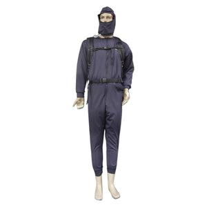 Dark blue full body cooling system with a black backpack by CompCooler, worn by a mannequin with a belt.