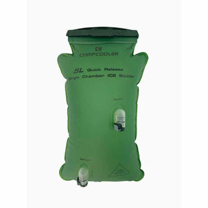 Green 5L Quick Release Single Chamber ICE Bladder by CompCooler with inlet and outlet connectors and a black top cap.