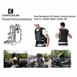 Dark gray and black Dual Backpack ICE Water Cooling System by CompCooler, with outline, front/back views, and worn by motorcyclists.