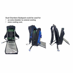 Black dual chambers backpack cooling system by CompCooler, open to show a green bladder and a blue cooling unit with hoses.