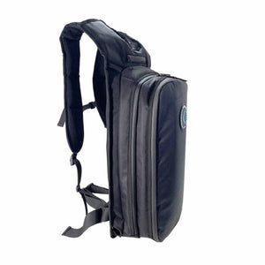 Black Dual Backpack ICE Water Cooling System by CompCooler, shown from a side view with shoulder and waist straps and a blue circular logo.