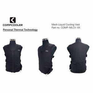 Black mesh liquid cooling vest by CompCooler with a zippered front and side adjusters, shown from front, side, and back views.