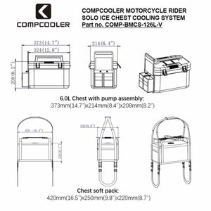 Motorcycle rider solo ice chest cooling system by CompCooler, featuring hard chest with pump and soft pack diagrams with dimensions.