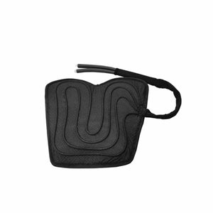 Black mesh fabric seat cooling pad by CompCooler with a raised wavy pattern, tubing, and a carrying strap.
