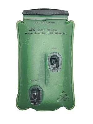 Green 3L single chamber ice bladder by CompCooler, showing quick release connectors and freeze instructions.