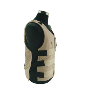 Beige UniVest ICE Cooling System by CompCooler, with black adjustable side straps, shown on a mannequin's side view.