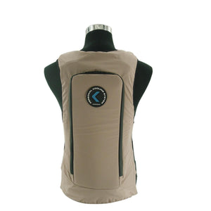 Beige cooling vest by CompCooler, front view, featuring a black zippered pocket with a 'PERSONAL COOLING SYSTEM' logo, displayed on a mannequin.